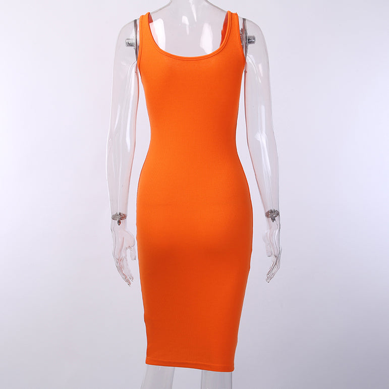 Knee-Length Dress Knitted Elastic Sleeveless