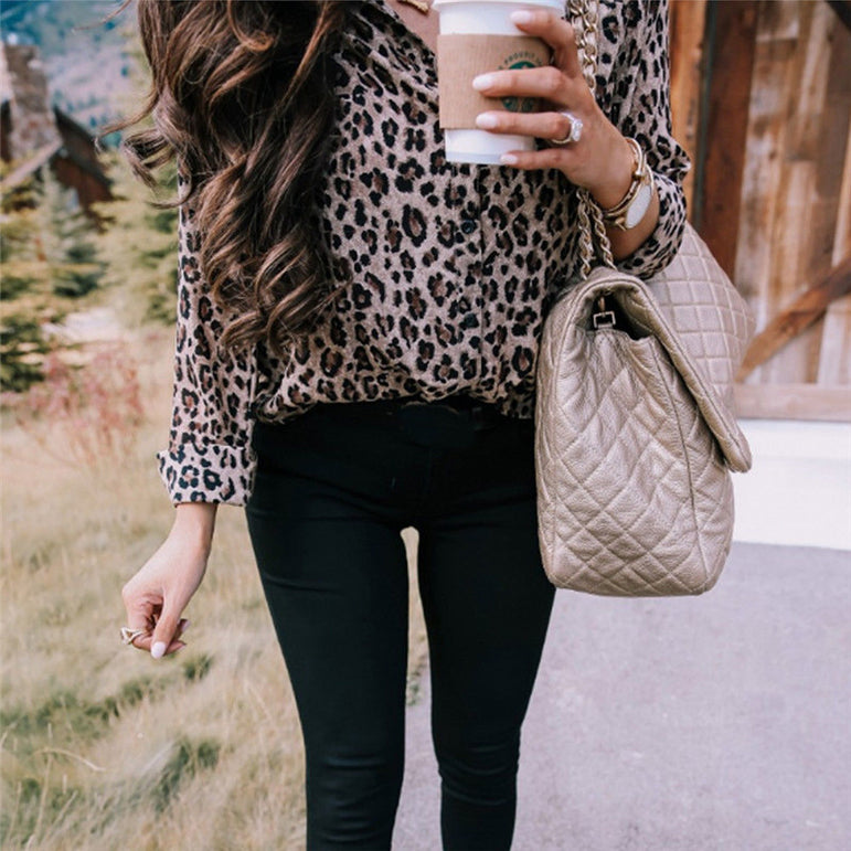 Fashion Women Long Sleeve Leopard Blouse