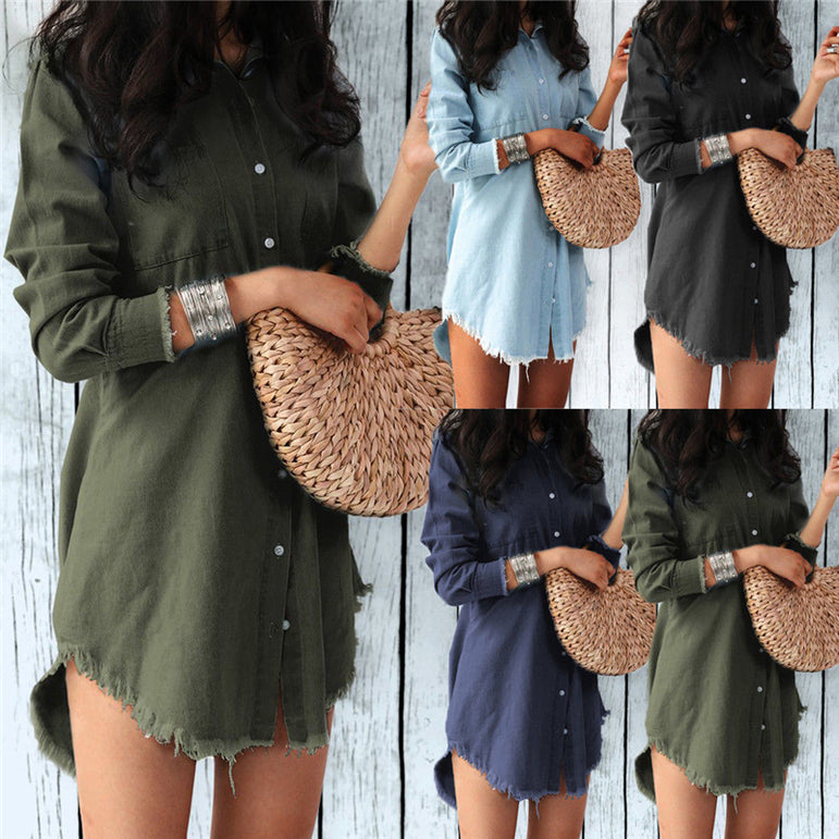 Cute Lady Long Sleeve Denim Shirt Dress