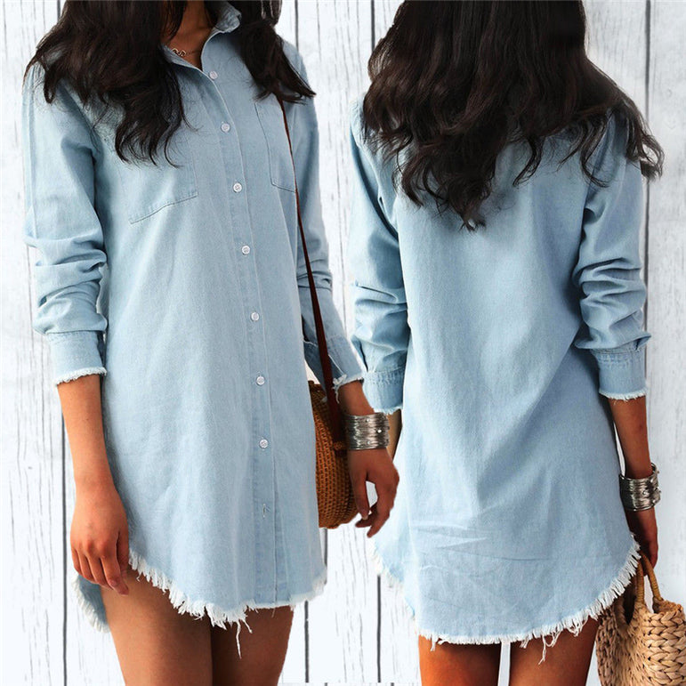 Cute Lady Long Sleeve Denim Shirt Dress