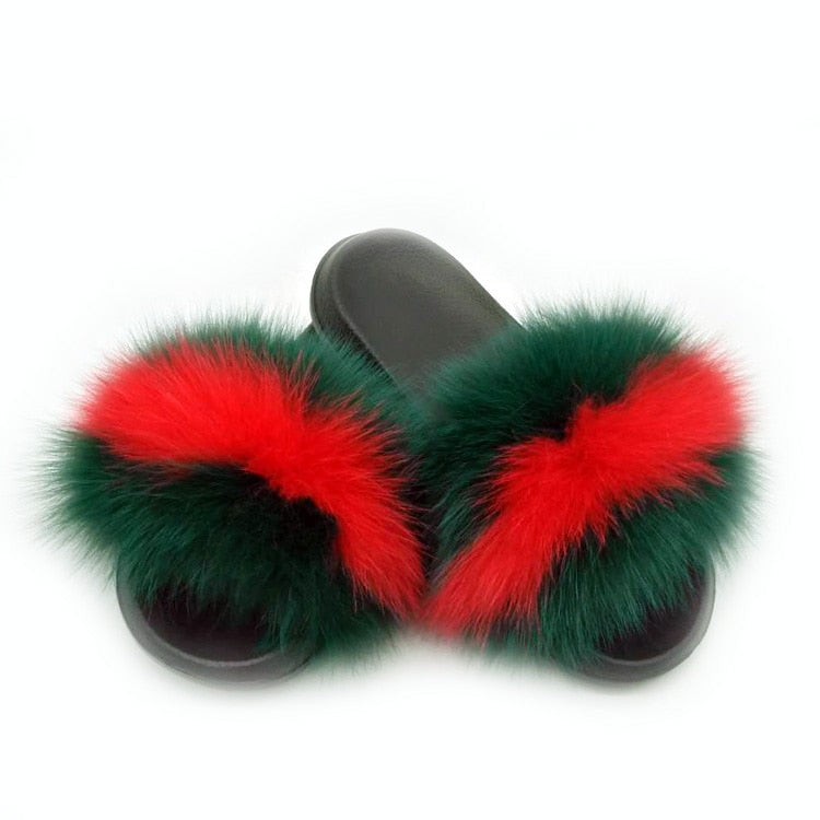 Real Fox Fur Slides Women Non-slip Slippers