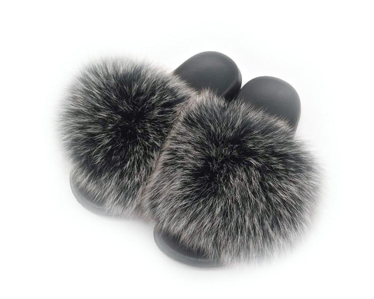 Real Fox Fur Slides Women Non-slip Slippers