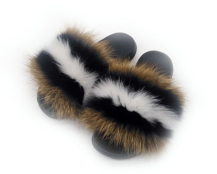 Real Fox Fur Slides Women Non-slip Slippers