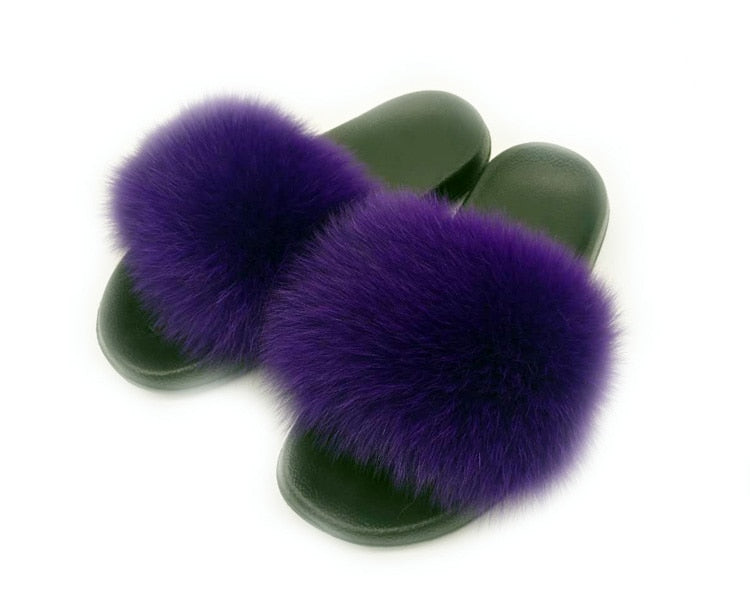 Real Fox Fur Slides Women Non-slip Slippers