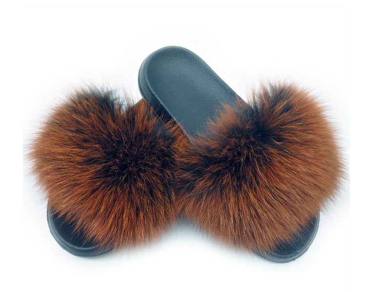 Real Fox Fur Slides Women Non-slip Slippers