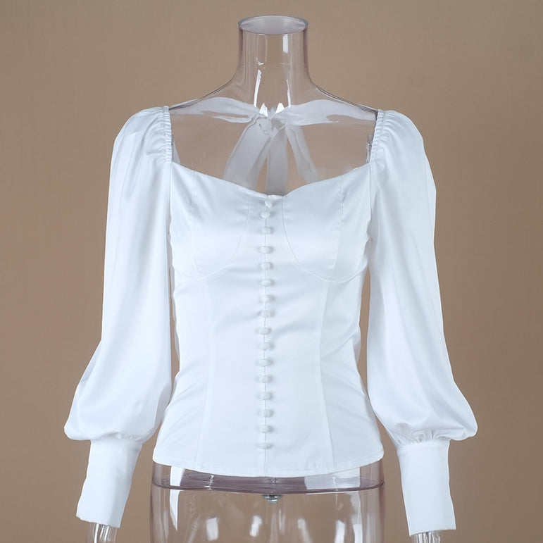 Square Collar White Tunic Women Blouse