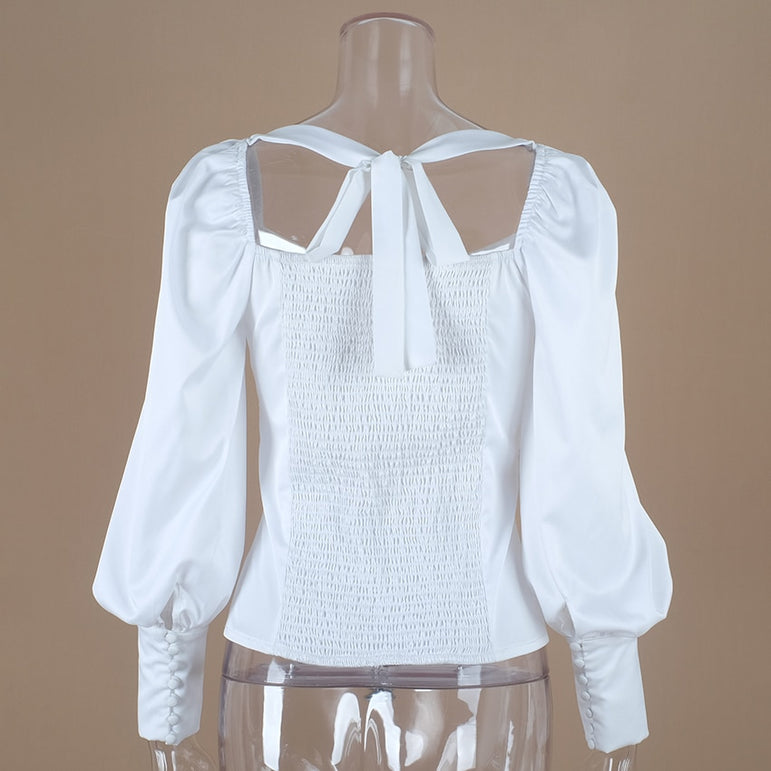 Square Collar White Tunic Women Blouse