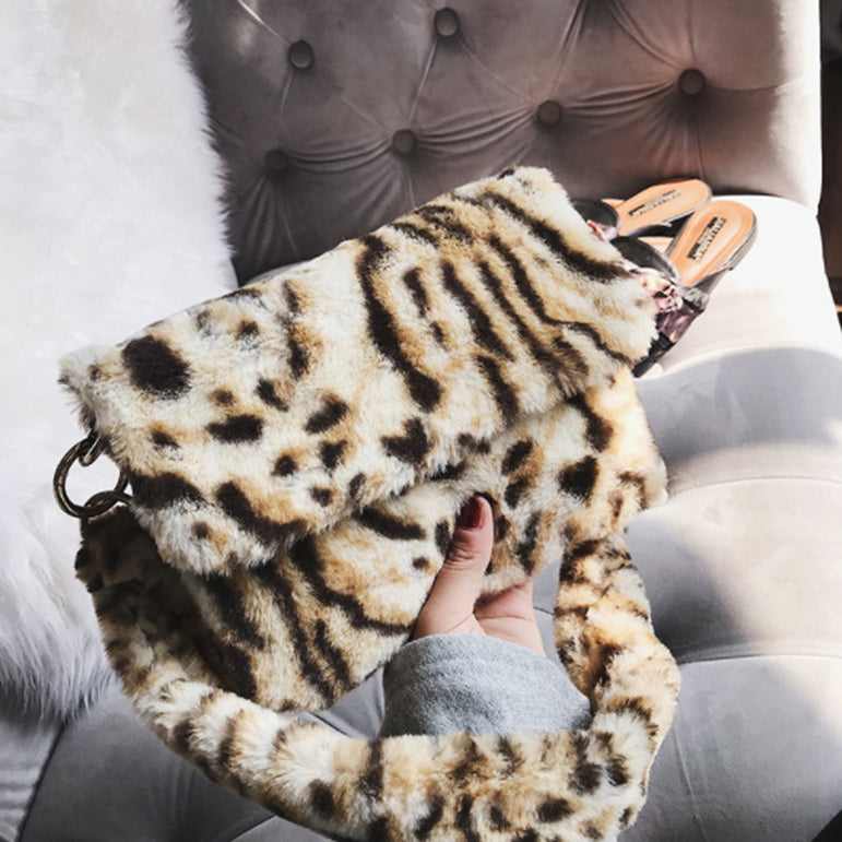 Faux Fur Shoulder Leopard Handbag