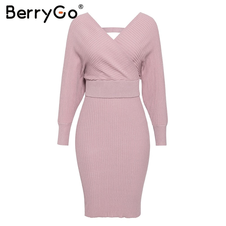 Sexy v-neck knitted dress women Elegant