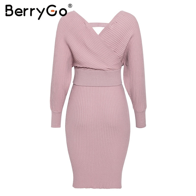 Sexy v-neck knitted dress women Elegant