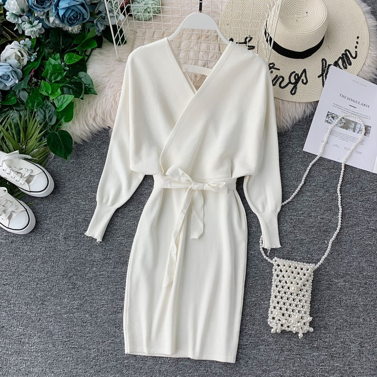 Elegant Sleeve V Neck Knitted White Dress