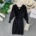 Elegant Sleeve V Neck Knitted White Dress