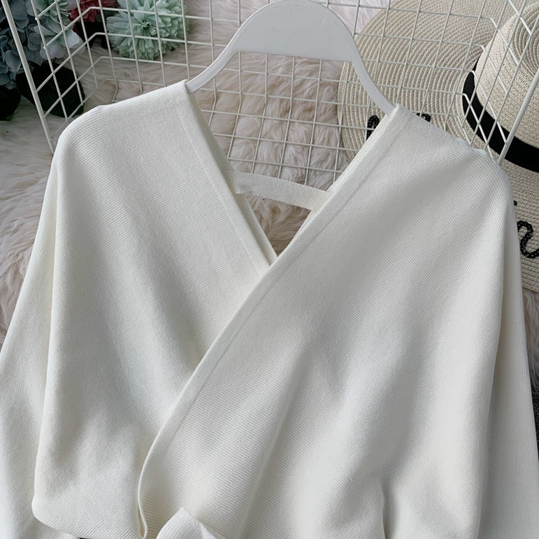 Elegant Sleeve V Neck Knitted White Dress