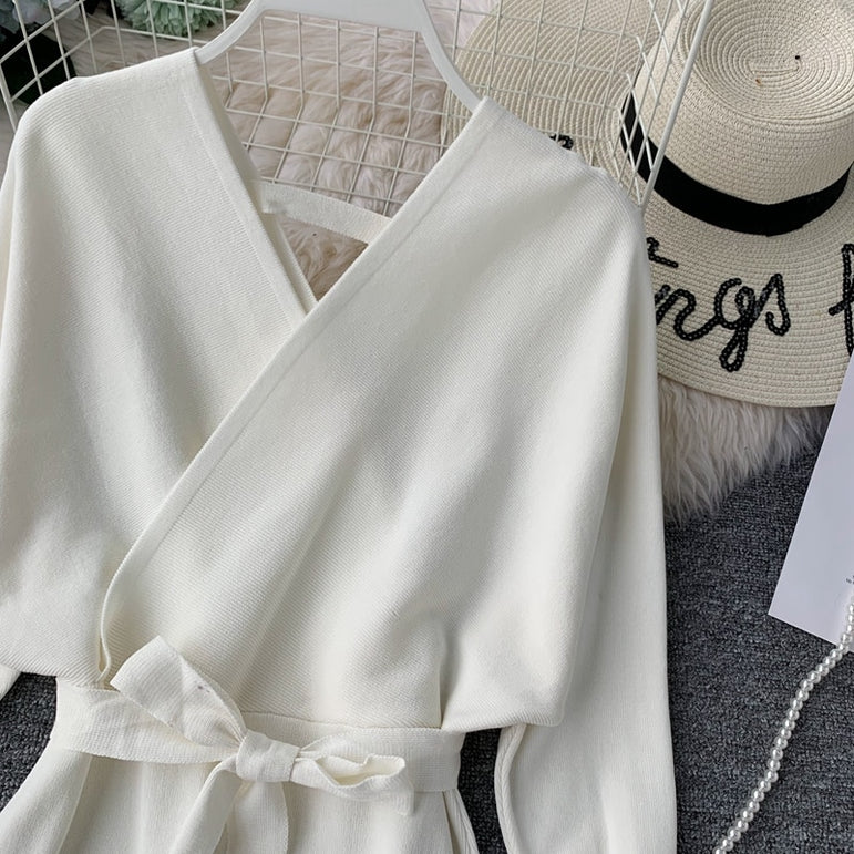 Elegant Sleeve V Neck Knitted White Dress