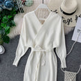 Elegant Sleeve V Neck Knitted White Dress