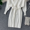 Elegant Sleeve V Neck Knitted White Dress