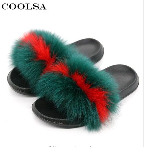 Summer Ladies Colorful Fox Fur Fluffy Slippers