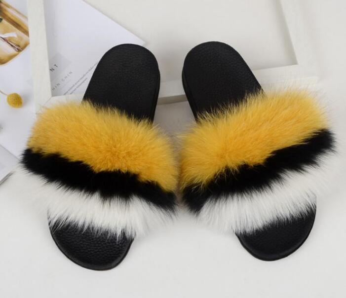 Summer Ladies Colorful Fox Fur Fluffy Slippers