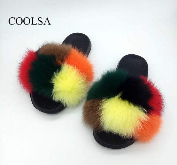 Summer Ladies Colorful Fox Fur Fluffy Slippers