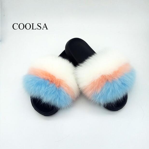 Summer Ladies Colorful Fox Fur Fluffy Slippers