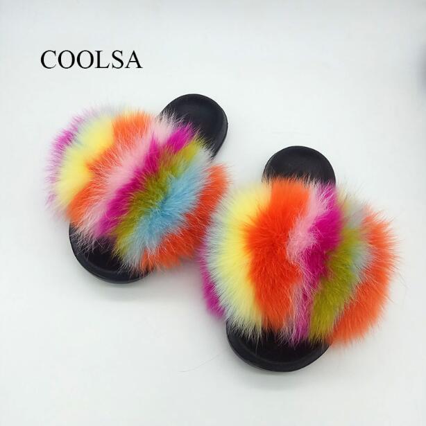 Summer Ladies Colorful Fox Fur Fluffy Slippers