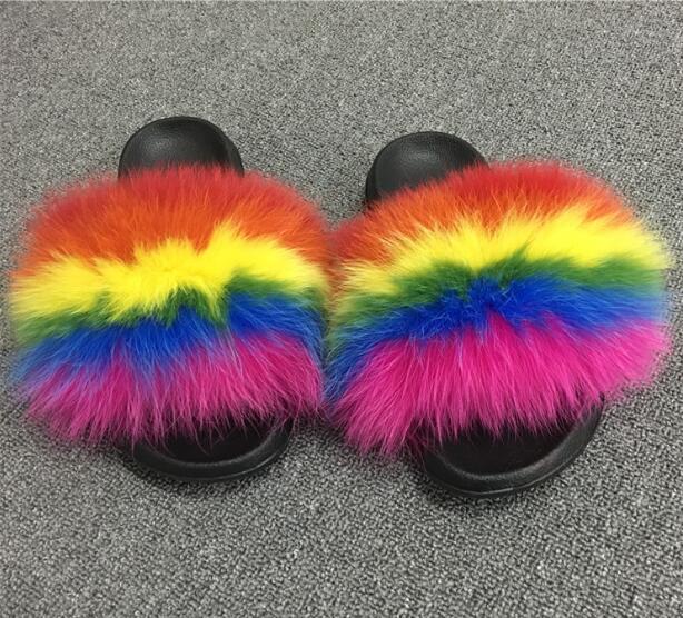 Summer Ladies Colorful Fox Fur Fluffy Slippers