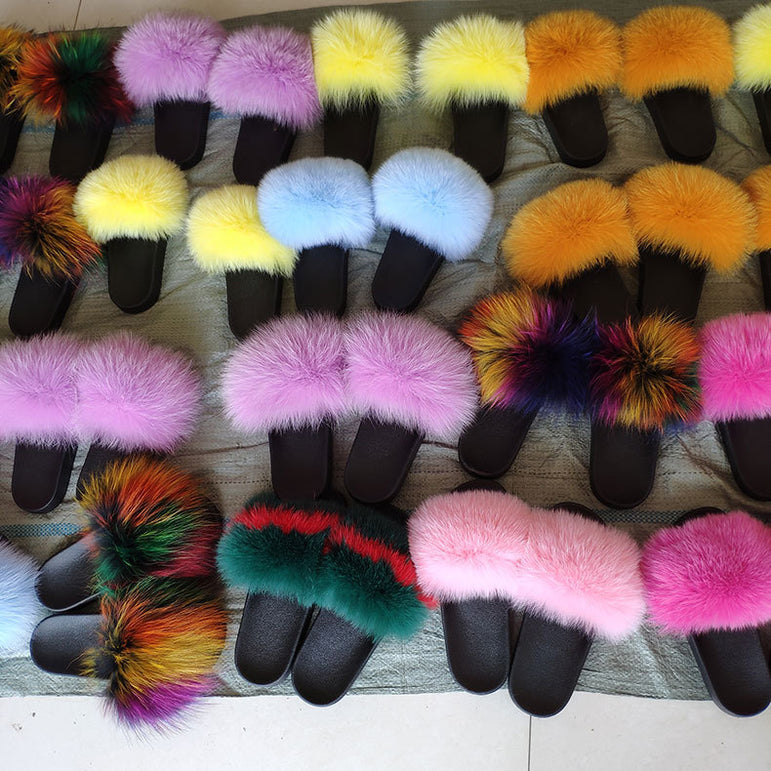 Women Fur Slippers Warm Fox Fur Slippers