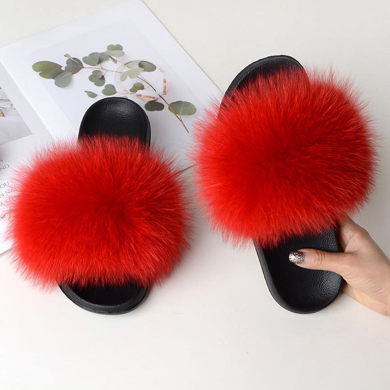 Women Fur Slippers Warm Fox Fur Slippers