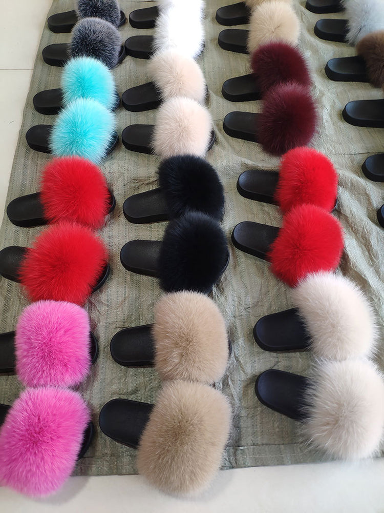 Women Fur Slippers Warm Fox Fur Slippers