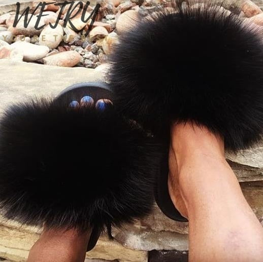 Flat Genuine Fox Fur Slippers