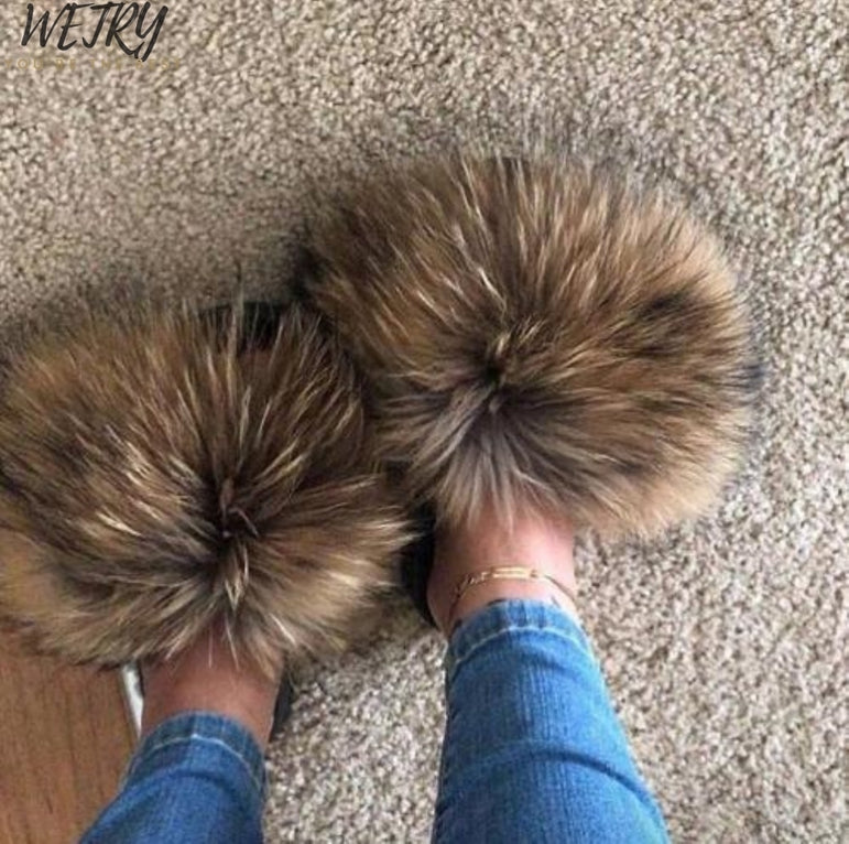 Flat Genuine Fox Fur Slippers