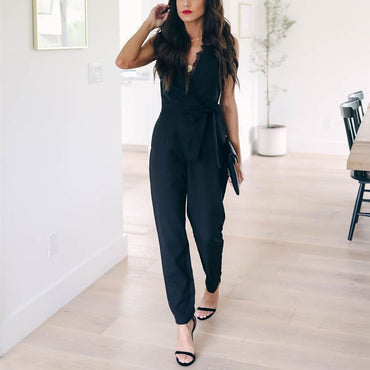 Fashion Lace Women Jumpsuit With Belt