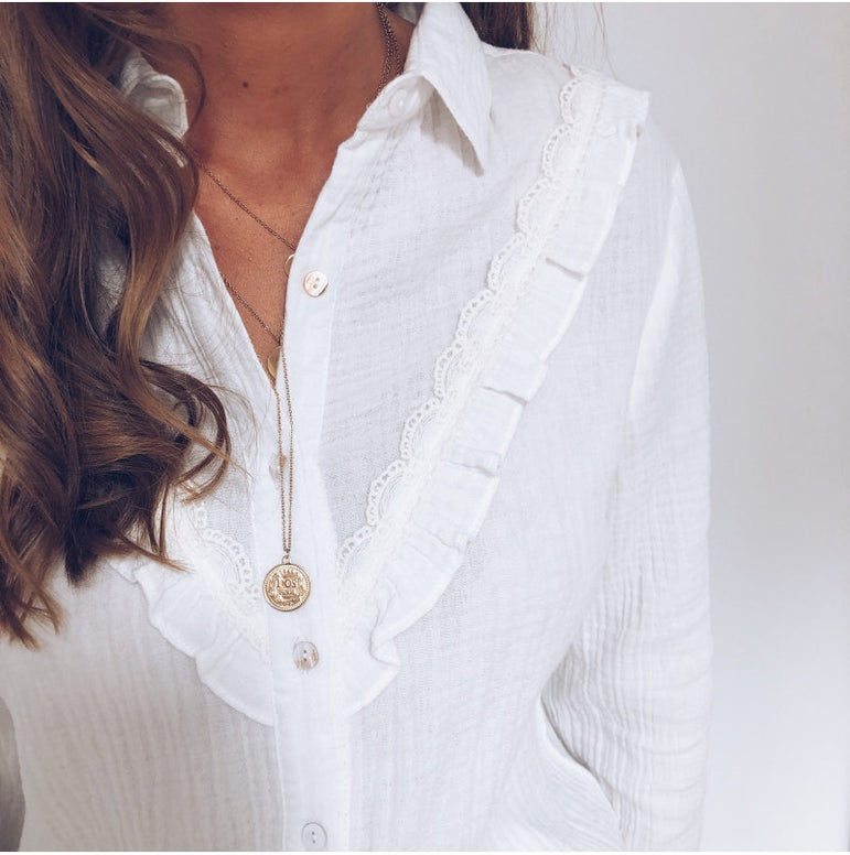 Women Long Sleeve Ruffles White shirt