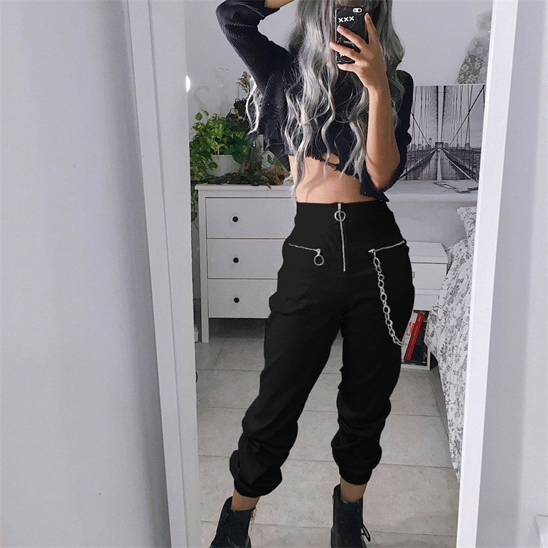 Zipper streetwear women casual pants