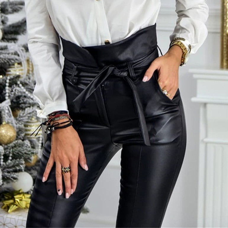 Faux Leather PU Long Trousers Casual