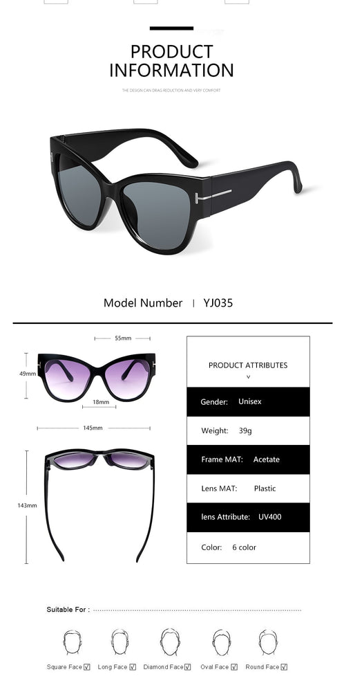 Luxury Designer Black Cat Eye oversized Sunglasses