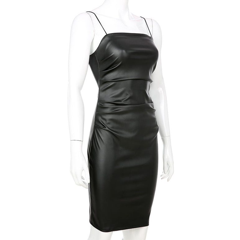 Leather Black Midi Dress Women Spaghetti