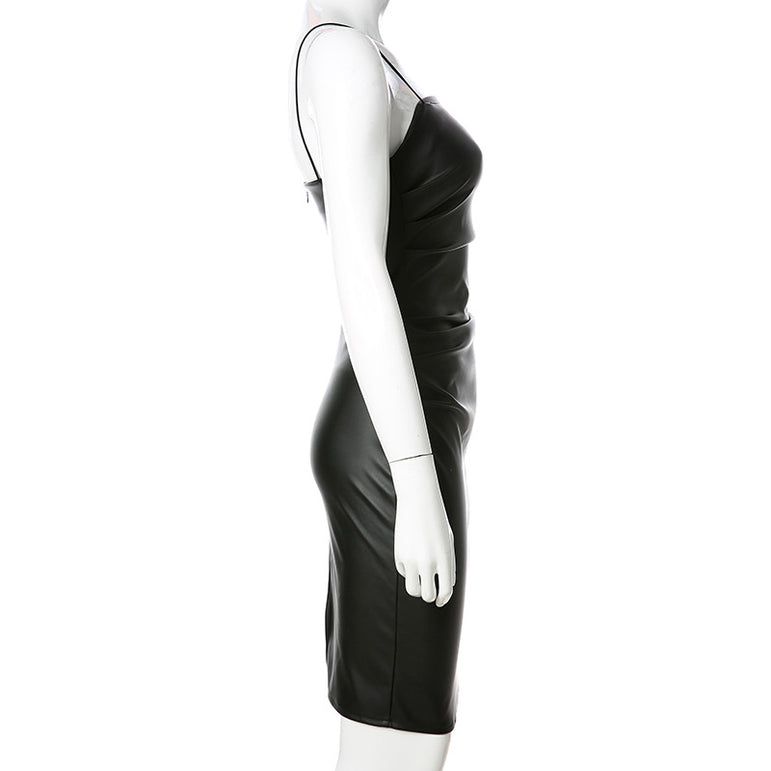 Leather Black Midi Dress Women Spaghetti