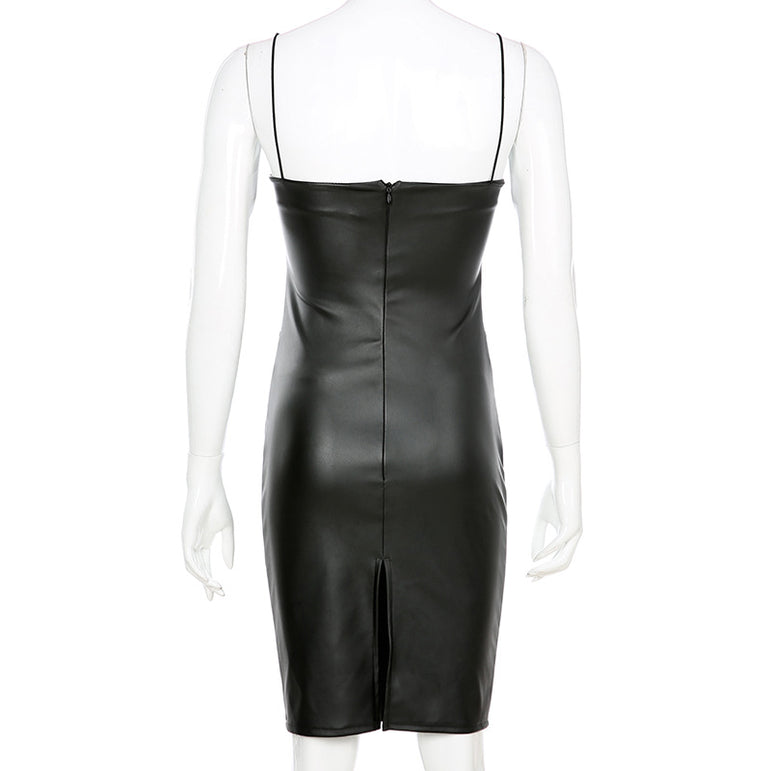 Leather Black Midi Dress Women Spaghetti