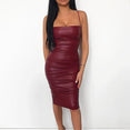 Leather Black Midi Dress Women Spaghetti