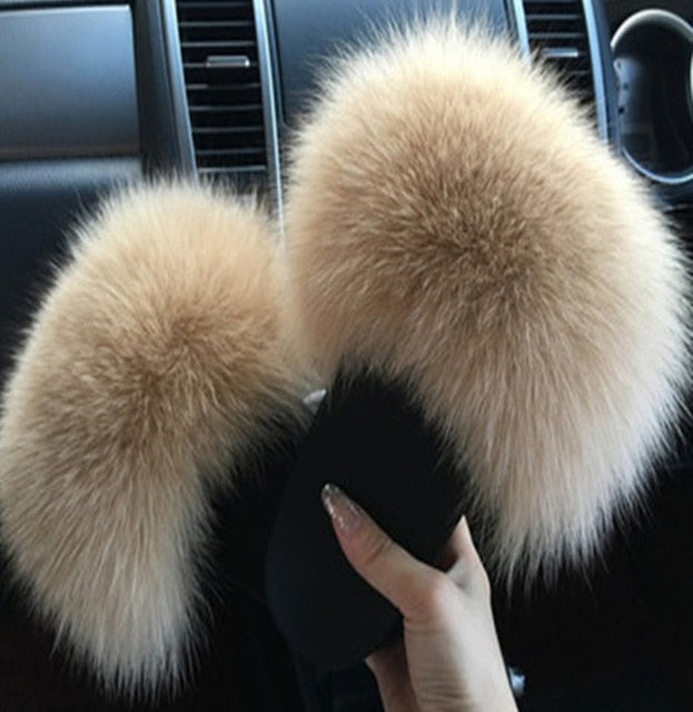 Flat Genuine Fox Fur Slippers