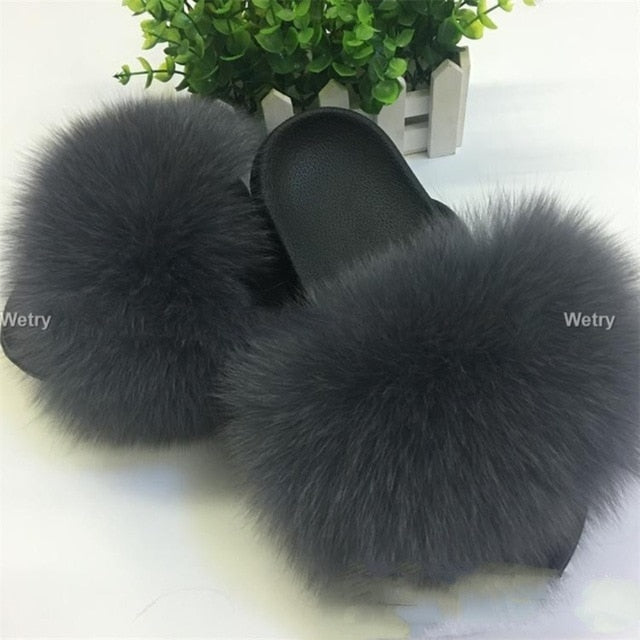 Flat Genuine Fox Fur Slippers