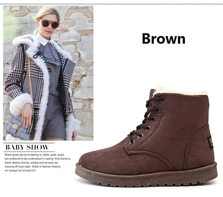 Women Snow Flat Lace Up Winter Ankle Boots