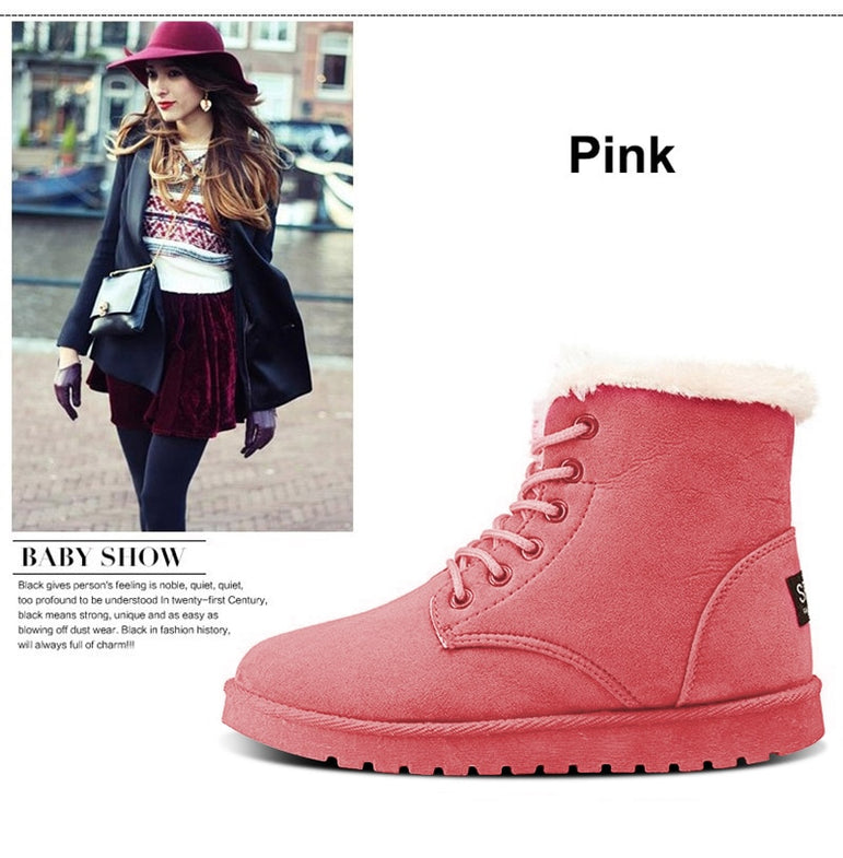 Women Snow Flat Lace Up Winter Ankle Boots