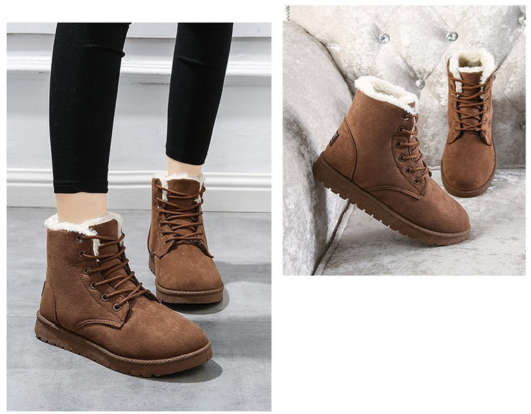 Women Snow Flat Lace Up Winter Ankle Boots