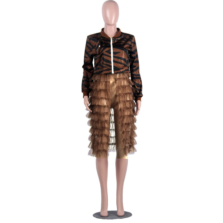 Leopard Jacket Women Patchwork Mesh Pleated