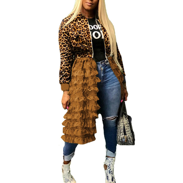 Leopard Jacket Women Patchwork Mesh Pleated