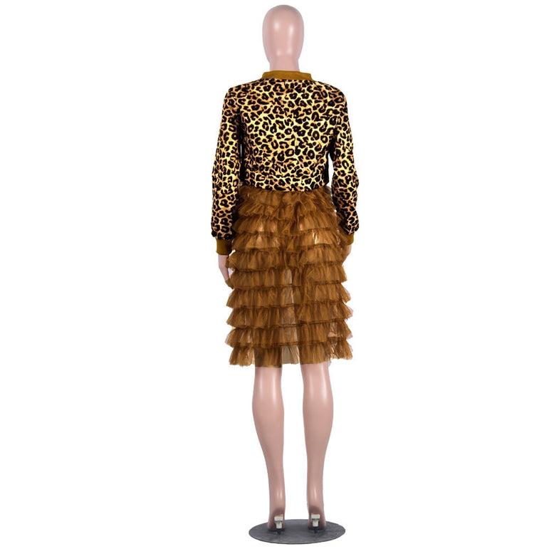 Leopard Jacket Women Patchwork Mesh Pleated