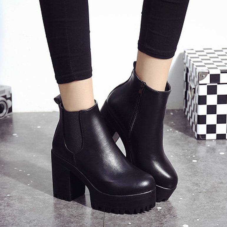 Female Leather Women Thick Heels Ankle Boots