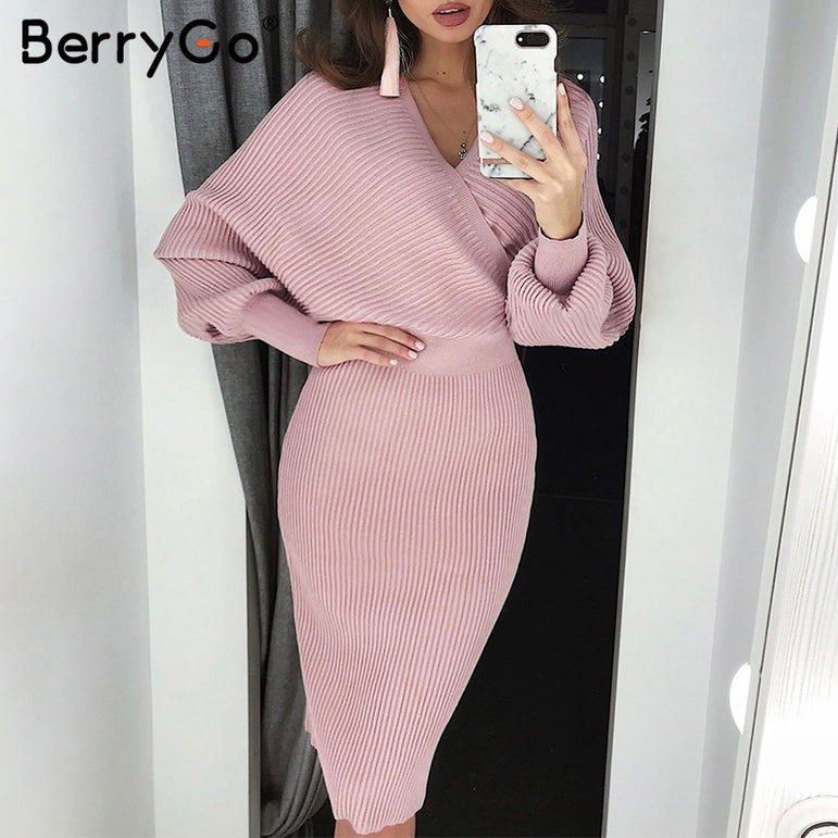 Sexy v-neck knitted dress women Elegant